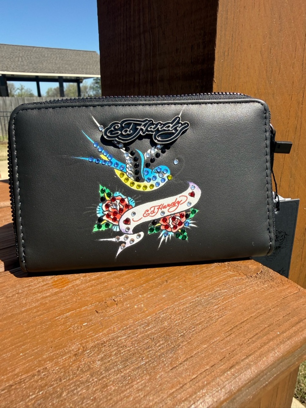 Ed Hardy Black Wallet with Multicolor Bird & Floral Rhinestones